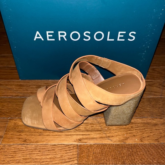 Aerosoles Leather Harley Heel Sandals Tan Wheat Gladiator Straps Women’s 8.5 - Picture 6 of 13